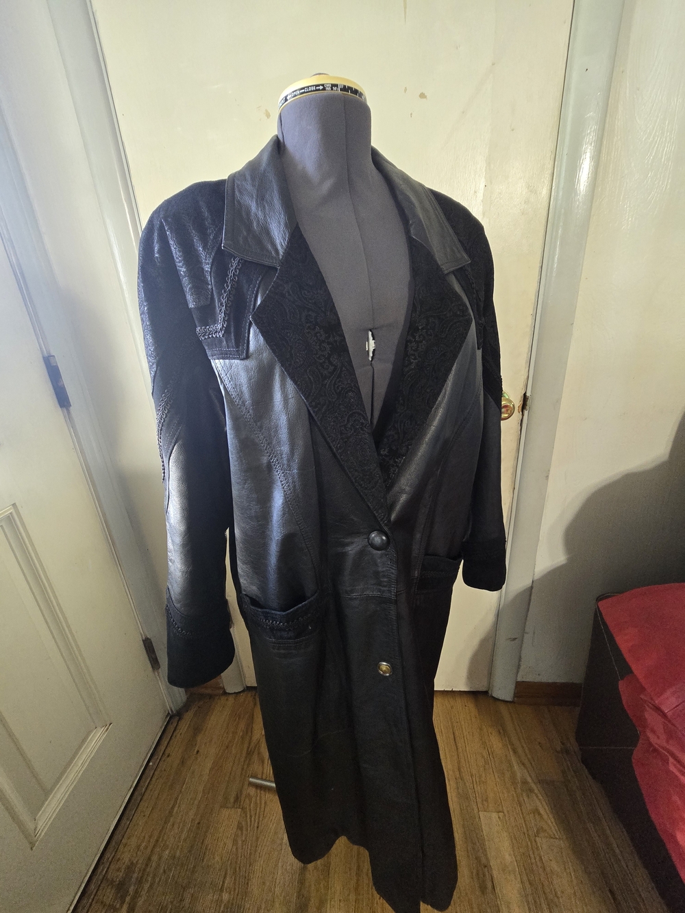 Ada Black Long Leather Coat with Textured Lapels